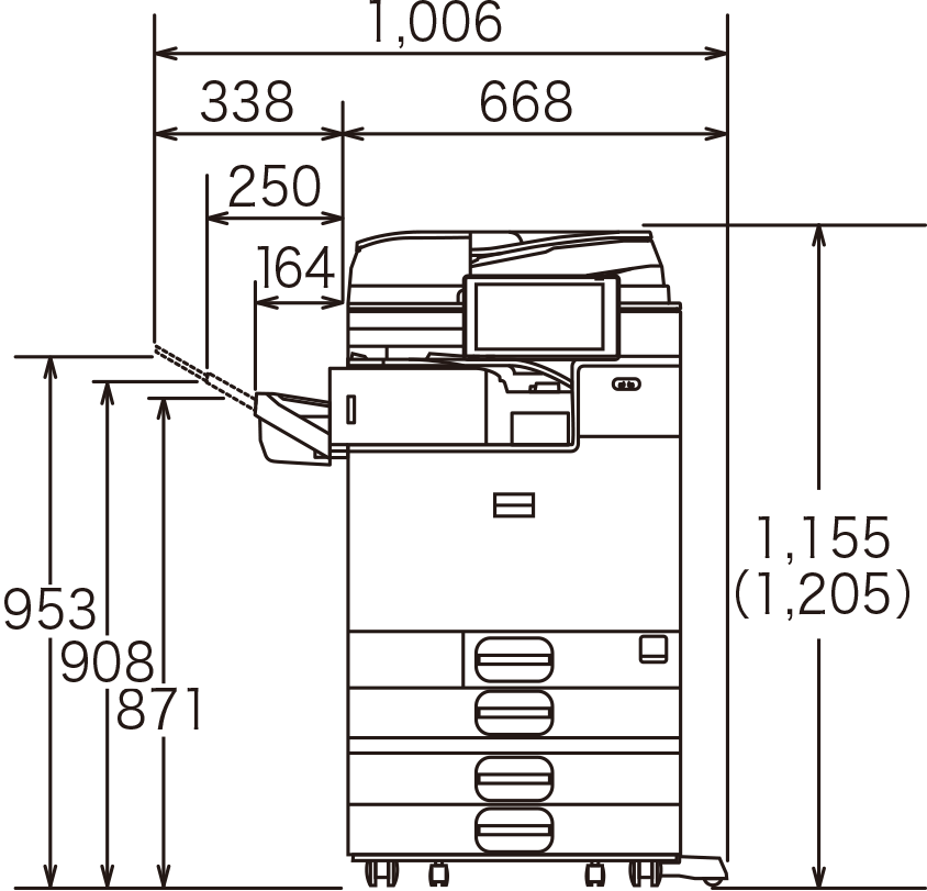 画像：オプション装着時正面（給紙テーブル PB3280、インナーフィニッシャ― SR3250、インナーフィニッシャ―用 2穴パンチユニット PU3070）