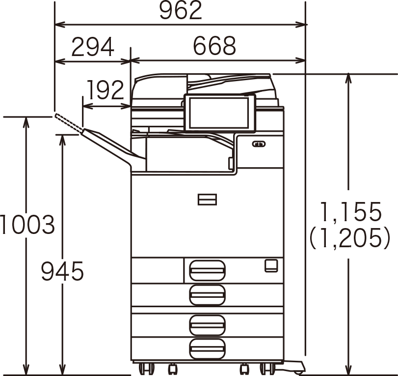 画像：オプション装着時正面（給紙テーブル PB3280、インナー紙折りユニット FD3010）